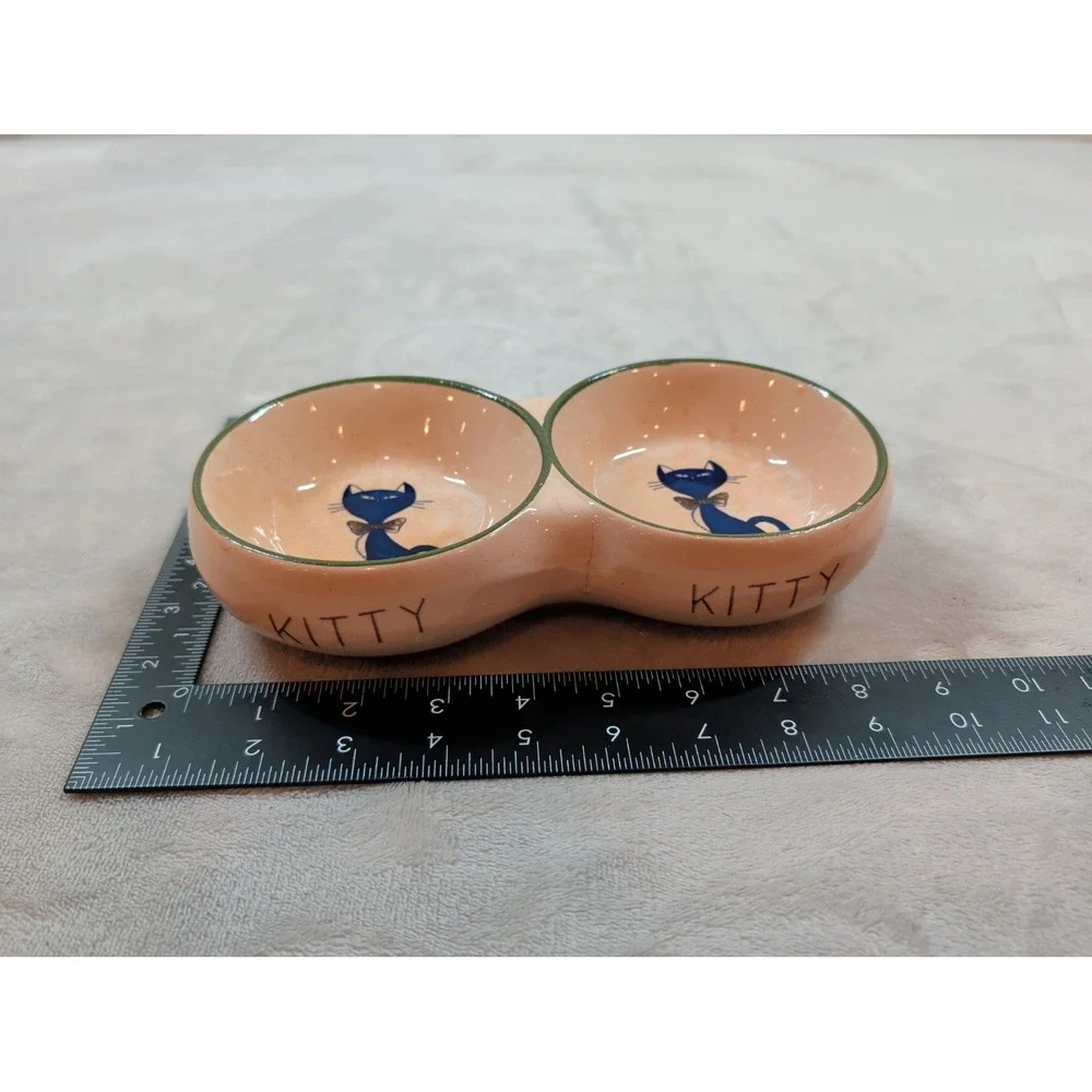 Vintage Ceramic Double Kitty Cat Bowl Pink Green Trim Mid Century Pet Dish 8.5